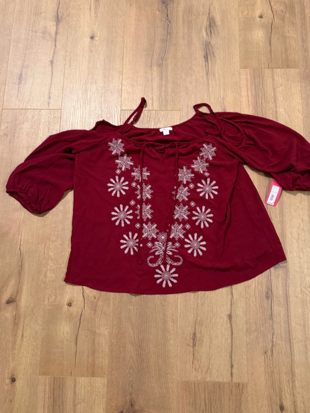 Xhilaration Burgundy Cold-Shoulder Embroidered Tunic